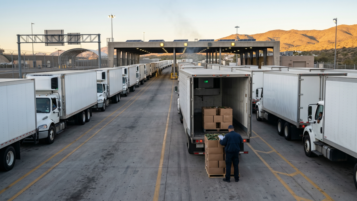 Refrigerated trailers queued at the US-Mexico border cargo crossing for USDA agricultural inspection