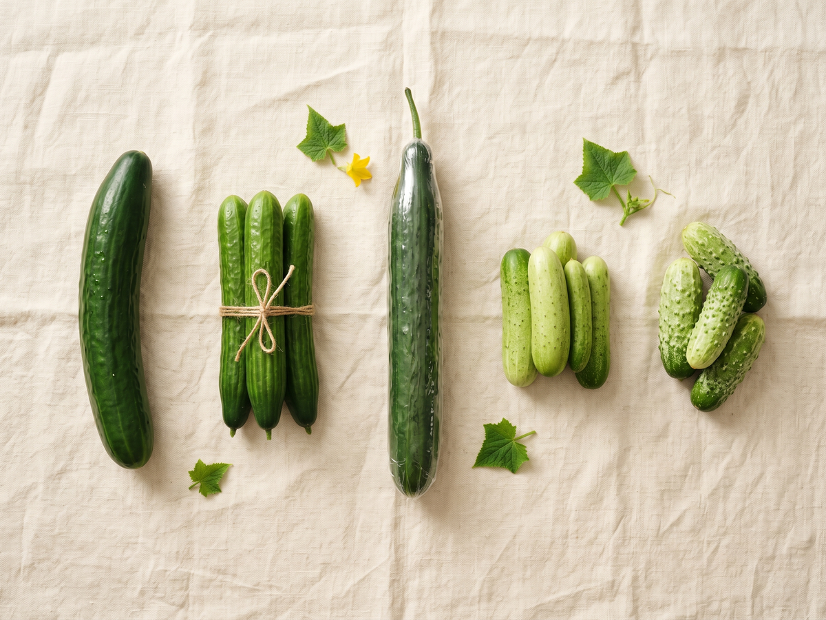 Five cucumber varieties laid out for comparison: slicing, Persian, English, mini, and pickling gherkins